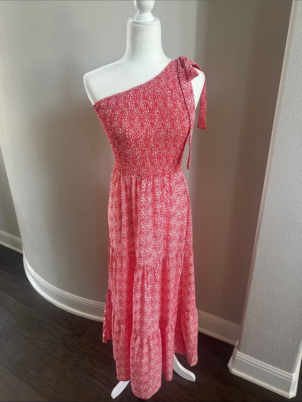 PrettyGarden-One-Shoulder Red/White floral Print Maxi Dress